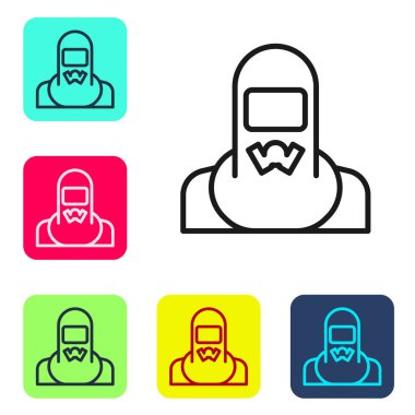 Beyaz arka planda izole edilmiş koruyucu giysi ikonu giyen siyah çizgi Nükleer Santral çalışanı. Nükleer reaktör işçisi. Renkli kare düğmelerle simgeleri ayarla. Vektör