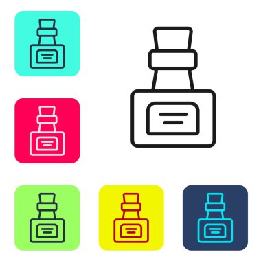 Beyaz zemin üzerinde iksir ikonu olan siyah çizgi şişesi. Sihirli iksirli matara. Mutlu Cadılar Bayramı Partisi. Renkli kare düğmelerle simgeleri ayarla. Vektör