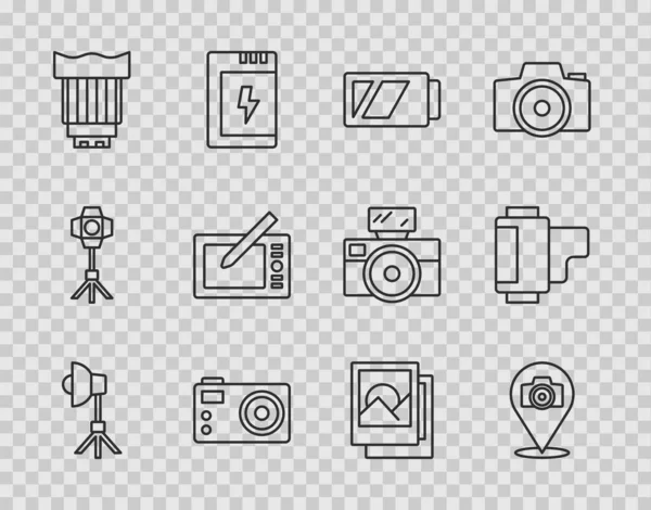 Set line Softbox light, Photo camera, Battery for, Camera photo lens, Graphic tablet, frame and roll cartridge icon. Vector — Stock Vector