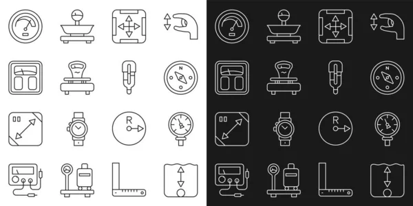 Réglage Mesure de profondeur, compteur d'eau sous pression, boussole, zone, balances, balances de salle de bains, indicateur de vitesse et icône du thermomètre médical. Vecteur — Image vectorielle