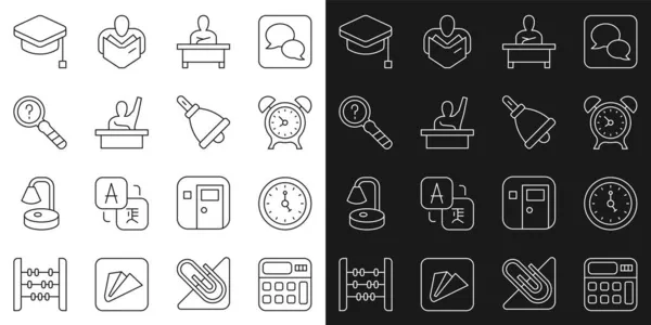 Set line Calculator, Clock, Alarm clock, Schoolboy sitting desk, Male kid raising hand, Unknown search, Graduation cap and Ringing bell icon. Vector — Stock Vector