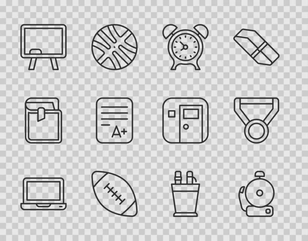 ( 영어 ) set line Laptop, Ringing alarm bell, Alarm clock, American football ball, Chalkboard, Exam sheet with plus grade, Pencil case pairery and Medal icon. Vector — 스톡 벡터