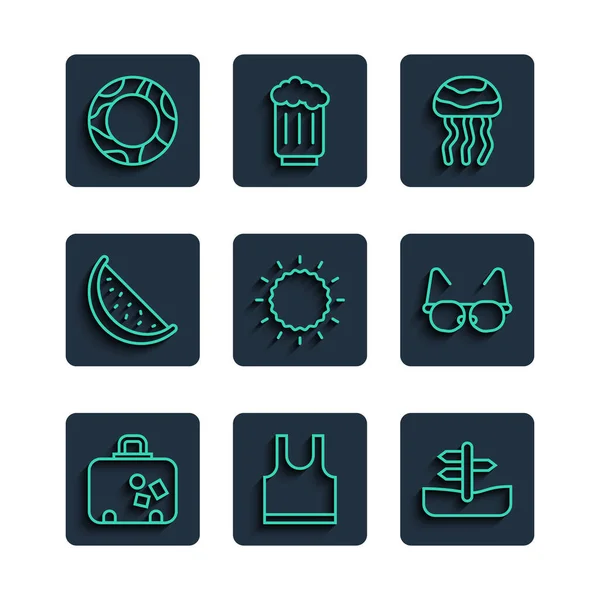 Set-Line-Koffer, ärmelloses T-Shirt, Verkehrszeichen, Quallen, Sonne, Wassermelone, Gummischwimmring und Brillensymbol. Vektor — Stockvektor
