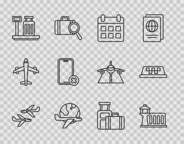 Set line Plane, Airport control tower, Calendar and airplane, Globe with flying, Scale suitcase, No cell phone, Suitcase and Taxi car roof icon. Vector — Stock Vector