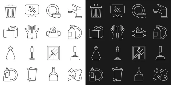 Set line Esponja, émbolo de goma, botella de líquido para lavavajillas, platos de lavado, guantes, rollo de papel higiénico, bote de basura y el icono del paquete de toallitas húmedas. Vector — Vector de stock