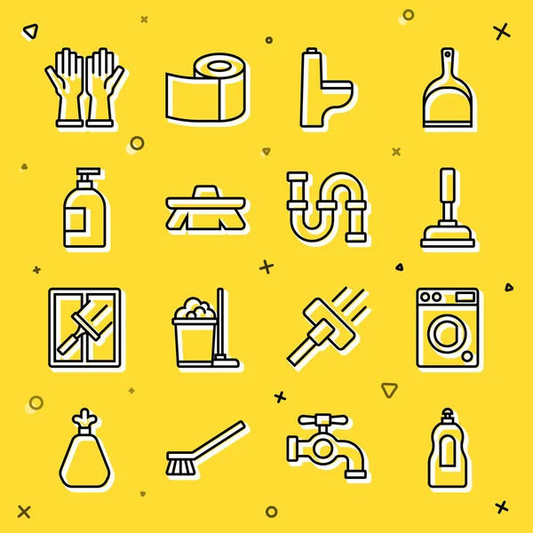 Bulaşık deterjanı, çamaşır makinesi, lavabo pompası, klozet fırçası, temizlik için fırça, eldiven ve endüstriyel metal boru ikonu. Vektör