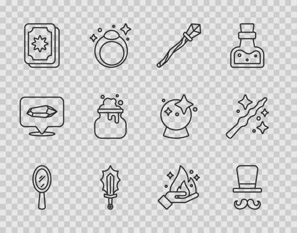 Set line Magic hand mirror, Magician, staff, sword in fire, Tarot cards, Witch cauldron, Hand holding and wand icon. Vector — Stock Vector