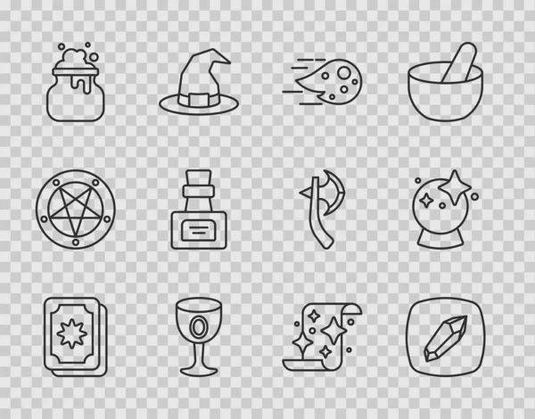 Set Reihe Tarotkarten, Zauberstein, Feuerball, mittelalterlicher Kelch, Hexenkessel, Flasche mit Trank, Schriftrolle und Symbol. Vektor — Stockvektor