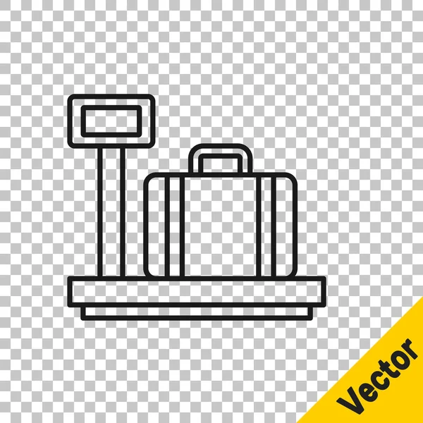Scala linea nera con icona valigia isolata su sfondo trasparente. Logistica e consegna. Peso del pacco di consegna su una bilancia. Vettore — Vettoriale Stock
