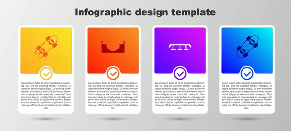 Set Longboard ou skateboard, Skate park, Escaliers skateboard avec rail et. Modèle d'infographie d'entreprise. Vecteur — Image vectorielle