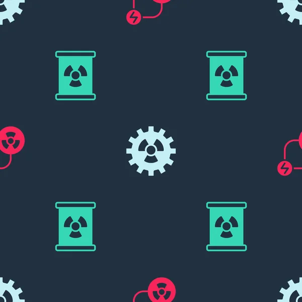 Stellen Sie die radioaktive Austauschenergie und die Abfälle im Fass auf ein nahtloses Muster. Vektor — Stockvektor