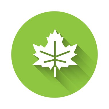 Beyaz Yaprak simgesi uzun gölgeli. İşaret bırakıyor. Taze doğal ürün sembolü. Yeşil daire düğmesi. Vektör