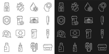 Hat merhemi krem tüpü ilacı, tıbbi dijital termometre, kan testi ve virüs, ilaç şişesi, haçlı kalkan ve dizüstü bilgisayar kardiyogram ikonu. Vektör