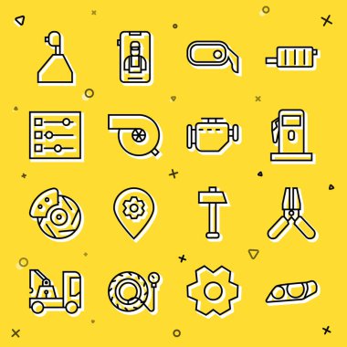 Hat araba farları, akü akım kablosu, benzin ya da benzin istasyonu, dikiz aynası, otomotiv turboşarj aleti, ayarlar, vites değiştirici ve motor simgesini kontrol et. Vektör