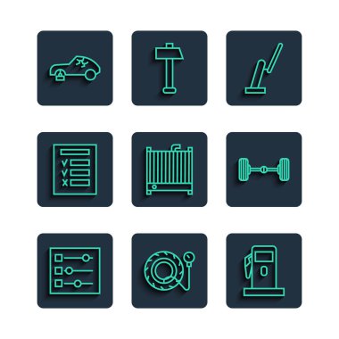 Hat araba ayarları, lastik basıncı göstergesi, benzin ya da benzin istasyonu, cam sileceği, radyatör soğutma sistemi, teftiş, bozuk araba ve Chassis simgesi. Vektör