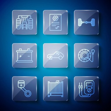 Hat motoru pistonu, araba radyatörü soğutma sistemi, çoklu metre, Chassis arabası, kırık, pil, yıkama ve lastik basınç göstergesi ikonu. Vektör