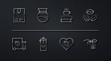 Kahve çekirdeği torbası, kahve kamyonu makinesi, Aşıklar, Fransız presi, Dökümcü, fasulye, dal ve kupa ve kitap ikonu. Vektör