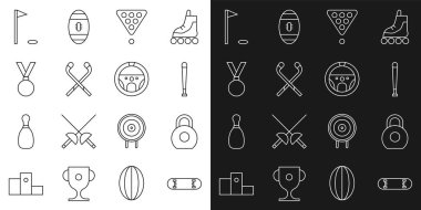 Çizgili paten numarası, Kettlebell, beysbol sopası, işkence üçgeninde bilardo topu, buz hokeyi sopası, madalya, golf bayrağı ve direksiyon ikonu. Vektör