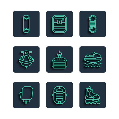 Çizgili boks eldiveni, Rafting teknesi, paten, tırmanma halatı, kayak kaldırma, jet ski, kaykay numarası ve ikon. Vektör