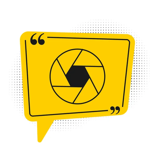 Icono del obturador de la cámara negra aislado sobre fondo blanco. Símbolo amarillo de burbuja. Vector — Vector de stock