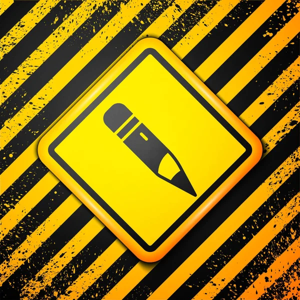 Schwarzer Bleistift mit Radiergummi-Symbol auf gelbem Hintergrund. Zeichen- und Erziehungswerkzeuge. Schulamtssymbol. Warnzeichen. Vektor — Stockvektor