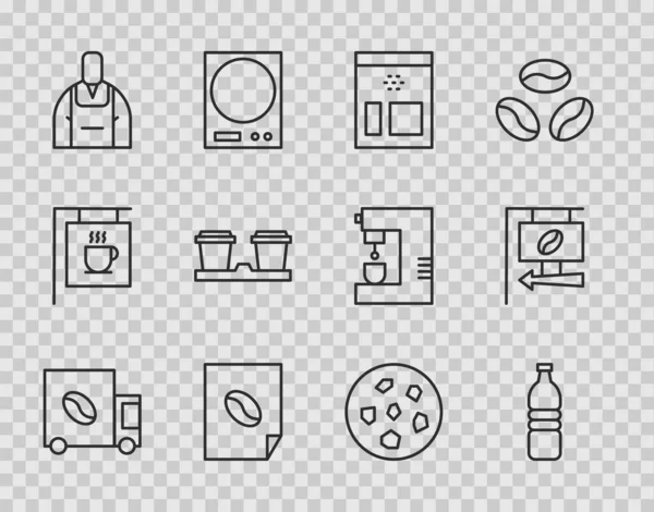 Kahve kamyonu, şişe suyu, torba kahve çekirdekleri, poster, barista, paket kahve fincanı, kurabiye veya bisküvi ve tabela ikonu. Vektör — Stok Vektör