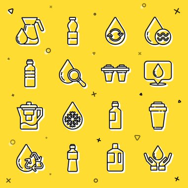 İpi kurula, sabunla ellerini yıka, su filtresi kartuşunu bırak, yeri bırak, temiz suyu geri dönüştür, büyüteci bırak, bir şişe su, sürahi ve ikon. Vektör