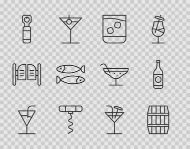 Kokteyl, tahta fıçı, bir bardak viski, şişe açacağı, kurutulmuş balık ve bira şişesi ikonu. Vektör
