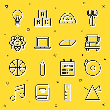 Prizmada ışık ışınlarını ayarlayın, alarm zilini çalın, okul servisi, taşıyıcı, dizüstü bilgisayar, atom, fikir konsepti olan ampul ve silgi kauçuk ikonu. Vektör