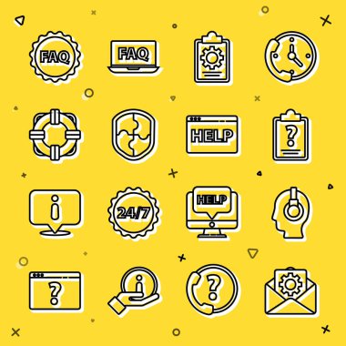 Satır Zarf ayarı, Destekleyici dokunuşu, Soru işaretli pano, Kontrol Listesi 24 saat servisi, Kalkan, Lifebuoy, Etiket metin SSS ve Tarayıcı yardım simgesi. Vektör