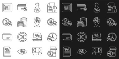 Avro sembolü, saat ve yüzde ile bozuk para, para, çanta, Güvenli ve Konum indirim ikonu. Vektör