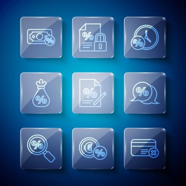 Satır büyüteç yüzde ile ayarla, Para madeni para, kredi kartı kaldırma, saat ve, Mali belge, çanta, ve indirim etiketi simgesi. Vektör