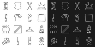 Çizgi konum terzisi, dikiş ipliği, deri, örgü iğnesi, tişört, Awl aleti, iplik ve fermuar simgesi. Vektör