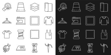 İplik, kolsuz tişört, süveter, katman giyim tekstili, dikiş makinesi, elbise dolabı, düğme ve desen ikonu ile dikiş için iğne yapın. Vektör