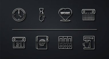 Satır saatini, takvimi, ofis dosyalarını, adres defterini, kravatı, metin ikonlu kahve makinesini ve kalbi ayarla. Vektör