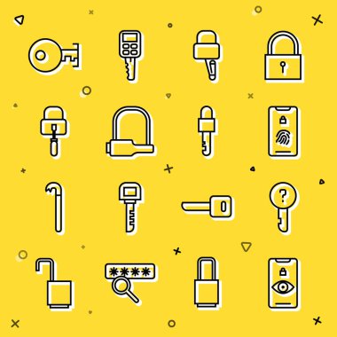 Satır Göz taramasını ayarla, tanımlanmamış anahtar, parmak izi olan mobil anahtar, kilit açma için kilit açma, bisiklet, anahtar ve kilitli simge. Vektör