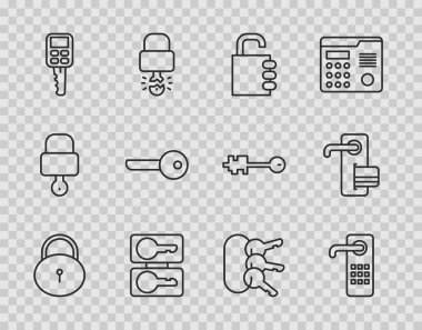 Hat kilidi, dijital kapı kilidi, kasa şifresi, döküm anahtarları, uzaktan kumandalı araba, anahtar, bir sürü ve simge. Vektör