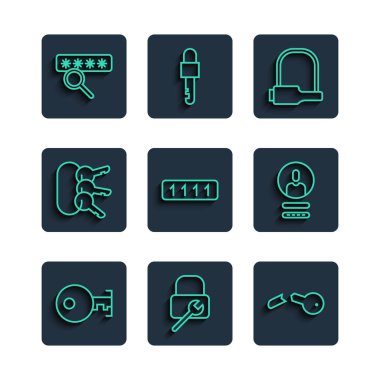 Satır anahtarı, kilit onarımı, bozuk anahtar, bisiklet kilidi, şifre koruması, bir sürü anahtar ve hesap simgesi oluştur. Vektör