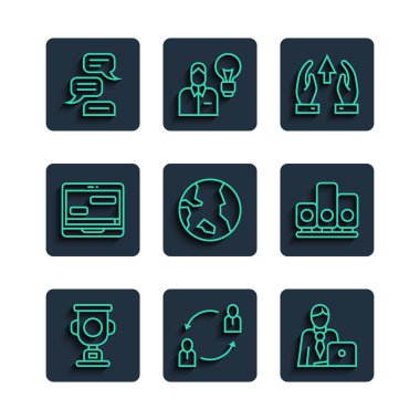 Set hattı ödül kupası, insan kaynakları, iş adamı, büyüme çizelgesi ve ilerleme, dünya küresi, sohbet mesajları dizüstü bilgisayarda, konuşma balonu sohbeti ve yıldız ikonu. Vektör