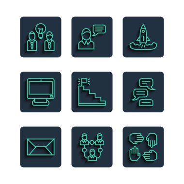 Hat Zarfı, Proje Ekibi Üssü, Roket, Bitiş Bayrağı, Bilgisayar monitörü, İnsan Ampulü ve Konuşma Baloncuğu Sohbeti ikonu. Vektör