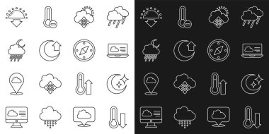 Meteoroloji termometresi, ay ve yıldızlar, hava tahmini, kar güneşli bulut, yağmur ayı, günbatımı ve pusula ikonu. Vektör