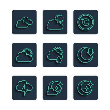 Fırtına Hattı, Ay, Ay ve yıldızlar, Celsius, yağmur güneşi, güneş bulutları, hava ve ikon. Vektör