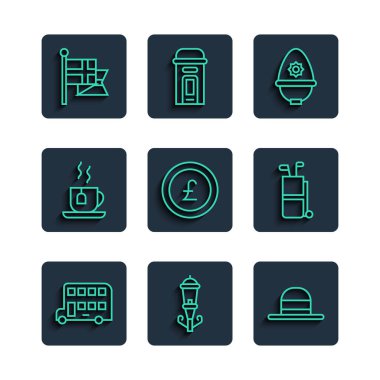 Çift katlı otobüs, klasik sokak lambası, şık kadın şapkası, İngiliz polis kaskı, yarım kiloluk bozuk para çay poşeti, İngiltere bayrak direği ve golf sopası ikonu. Vektör