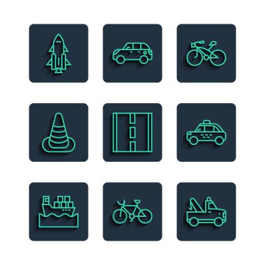 Kargo gemisini kutuları, bisikleti, çekici, yol, trafik konisi, roket yangını ve taksi ikonu ile ayarlayın. Vektör