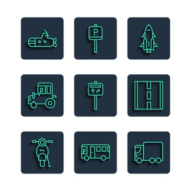 Scooter, otobüs, kargo kamyonu, roket gemisi, trafik levhası, traktör, denizaltı ve ikon. Vektör