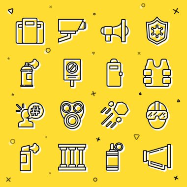 Megafon hattı, Özel Kuvvetler askeri, kurşun geçirmez yelek, Protesto, boya spreyi, polis saldırı kalkanı ve ikon. Vektör