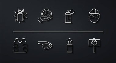 Hat el bombası, kurşun geçirmez yelek, Özel Kuvvetler askeri, Islık, Barış, Protesto ve Boya spreyi ikonu. Vektör