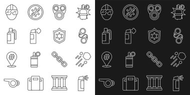 Biber gazı, Uçan Taş, kelepçe, gaz maskesi, el bombası, Özel Kuvvetler askeri ve polis rozeti ikonu. Vektör