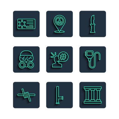 Dikenli tel, polis lastik copu, hapishane penceresi, askeri bıçak, protesto, gaz maskesi, rozet ve telsiz ikonu. Vektör