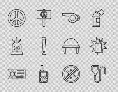 Polis rozeti, telsiz, ıslık, barış, lastik cop, protesto ve el bombası ikonu. Vektör